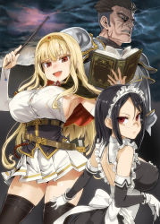 Rule 34 | 1boy, 2girls, armor, armpits, asanagi, belt, black hair, blonde hair, breasts, closed mouth, covered erect nipples, detached sleeves, fang, from side, glasses, gloves, highres, holding, holding wand, large breasts, long hair, looking at viewer, miniskirt, multiple girls, open mouth, original, parted bangs, pleated skirt, red eyes, scar, scar across eye, scar on face, short hair, skirt, thighhighs, thighs, wand, white gloves, white skirt, zettai ryouiki
