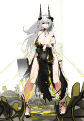 Rule 34 | 1girl, absurdres, acid originium slug (arknights), arknights, black choker, black dress, black footwear, breasts, choker, cleavage, clenched teeth, collarbone, commentary, covering privates, covering one breast, creature, dress, english commentary, full body, gradient background, grey hair, hair ornament, hammer, high heels, highres, holding, holding hammer, holding weapon, horns, huge breasts, indy art work, jewelry, long hair, mudrock (arknights), mudrock (obsidian) (arknights), necklace, official alternate costume, one breast out, originium slug (arknights), parted lips, pelvic curtain, pointy ears, red eyes, solo, standing, teeth, torn clothes, torn dress, v-shaped eyebrows, very long hair, weapon, white background, yellow background