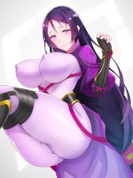 Rule 34 | 1girl, ass, between breasts, bodysuit, breasts, covered erect nipples, cowboy shot, curvy, fate/grand order, fate (series), fingerless gloves, gloves, huge ass, large breasts, long hair, looking at viewer, looking down, md5 mismatch, minamoto no raikou (fate), purple eyes, purple hair, resolution mismatch, sano jinya, sitting, smile, solo, source smaller, thick thighs, thighs, very long hair, wide hips