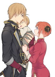 Rule 34 | 1boy, 1girl, blue eyes, brown hair, bun cover, carrying, chinese clothes, closed eyes, double bun, drooling, family, father and son, gintama, hair bun, if they mated, kagura (gintama), katana, loli bushi, mother and son, okita sougo, orange hair, red eyes, sheath, sheathed, short hair, simple background, sleeping, sword, uniform, weapon, white background
