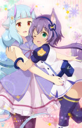 Rule 34 | 2girls, animal ears, aosora neko, belt, blue hair, blush, bracelet, commentary, crescent, crescent hair ornament, delmin (show by rock!!), dragon tail, dress, drill hair, eye contact, fang, floral background, flower, green eyes, hair flower, hair ornament, hairband, heart, highres, horns, hug, jewelry, long hair, looking at another, multiple girls, nail polish, one eye closed, oni horns, open mouth, pouch, purple hair, ruhuyu (show by rock!!), show by rock!!, skirt, smile, star (symbol), tail, thighhighs, very long hair, wolf ears, wolf girl, yellow eyes, yuri