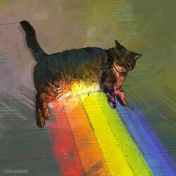 Rule 34 | absurdres, animal, animal focus, brown cat, brown fur, cat, catwheezie, commentary, english commentary, from above, green eyes, highres, lying, no humans, on floor, original, photo-referenced, rainbow, realistic, solo, wooden floor