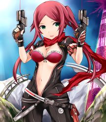 Rule 34 | 1girl, all blink, bad id, bad pixiv id, bow, bow bra, bra, breasts, cleavage, dual wielding, green eyes, gun, highres, holding, looking at viewer, navel, ol blink (pso2), phantasy star, phantasy star online 2, red bra, red hair, scarf, smile, solo, twintails, underwear, unzipped, weapon, yoshimo