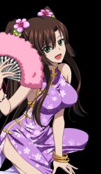 Rule 34 | 10s, 1girl, :d, bracelet, brown hair, china dress, chinese clothes, dress, flower, green eyes, hair flower, hair ornament, hand fan, holding, holding fan, jewelry, kirasaka sayaka, long hair, looking at viewer, on one knee, open mouth, pink flower, purple dress, sleeveless, sleeveless dress, smile, solo, strike the blood, transparent background, twintails