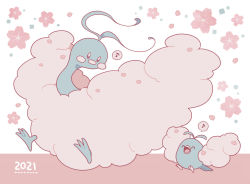 Rule 34 | 2021, altaria, antenna hair, closed eyes, closed mouth, commentary request, creatures (company), evolutionary line, fluffy, game freak, gen 3 pokemon, happy, looking back, musical note, nintendo, no humans, open mouth, pokemon, pokemon (creature), shiroimoufu, spoken musical note, swablu, toes, tongue