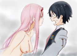 Rule 34 | 10s, 1boy, 1girl, black hair, blush, breasts, clothed male nude female, couple, darling in the franxx, embarrassed, green eyes, highres, hiro (darling in the franxx), horns, long hair, looking at another, medium breasts, military, military uniform, necktie, nipples, nude, oni horns, pink hair, potekite, red neckwear, short hair, sweat, uniform, zero two (darling in the franxx)