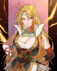 Rule 34 | 1girl, absurdres, bare shoulders, black gloves, blonde hair, breasts, circlet, cleavage, commentary request, commission, earrings, fire emblem, fire emblem: genealogy of the holy war, gloves, hands on own hips, highres, hoop earrings, jewelry, kuzunue, large breasts, long hair, looking at viewer, necklace, nintendo, orange eyes, single glove, sleeveless, smile, solo, ullr (fire emblem), upper body, very long hair