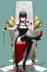 Rule 34 | 1girl, artist name, bare shoulders, black choker, black dress, black gloves, black thighhighs, blood, bloody weapon, blush, boots, breasts, choker, cleavage, closed mouth, commentary, cup, dagger, dangling, dress, drinking glass, english commentary, fingerless gloves, floral print, flower, full body, glint, gloves, glowing, glowing eyes, gold hairband, green background, hair flower, hair ornament, hairband, hand up, high heel boots, high heels, highres, holding, holding cup, holding dagger, holding knife, holding weapon, knife, large breasts, leg up, long hair, mixed-language commentary, nikusenpai, off-shoulder dress, off shoulder, pendant choker, red eyes, red lips, reflective floor, rose, rose print, short hair with long locks, sidelocks, smile, solo, spikes, spy x family, stiletto (weapon), taut clothes, taut dress, thigh boots, thighhighs, thighs, throne, two-sided dress, two-sided fabric, v-shaped eyebrows, watermark, weapon, wine glass, yor briar