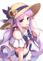 Rule 34 | 1girl, absurdres, anno (yukikaze 08), bare shoulders, bikini, bikini skirt, blunt bangs, blush, collarbone, flower, frilled bikini, frills, hat, hat flower, highres, kyouka (princess connect!), kyouka (summer) (princess connect!), long hair, looking at viewer, low twintails, midriff, navel, open mouth, pointy ears, princess connect!, purple hair, ribbon, sidelocks, signature, simple background, straw hat, sunflower, swimsuit, twintails, very long hair, white background, wrist cuffs, yellow eyes