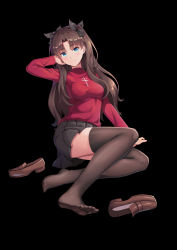 Rule 34 | 1girl, absurdres, artist request, black background, black hair, black thighhighs, fate/stay night, fate (series), feet, hair ribbon, highres, legs, long hair, looking at viewer, red sweater, ribbon, shoes, unworn shoes, simple background, skirt, soles, solo, sweater, thighhighs, toes, tohsaka rin, twintails