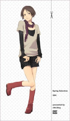 Rule 34 | 1girl, black shirt, blouse, boots, brown eyes, brown footwear, brown hair, closed mouth, collarbone, english text, fashion, full body, grey shirt, knee boots, layered sleeves, leg up, long sleeves, looking at viewer, miniskirt, original, red scarf, scarf, shirt, short over long sleeves, short sleeves, simple background, skirt, smile, solo, standing, standing on one leg, sweater, text focus, white background, yoshito