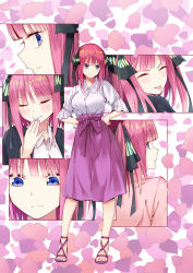 Rule 34 | 1girl, absurdres, black ribbon, blush, breasts, butterfly hair ornament, commentary request, expressions, closed eyes, go-toubun no hanayome, hair ornament, hair ribbon, hands on own hips, highres, kosmos beta, large breasts, long skirt, looking back, multiple views, nail polish, nakano nino, petals, pink hair, purple eyes, purple nails, purple skirt, ribbon, sandals, shirt, short hair, skirt, smile, toenail polish, toenails, tongue, tongue out, white shirt