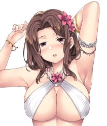 1girl arm_up armlet armpits bikini blush bracelet breasts brown_hair commentary_request flower hair_flower hair_ornament hand_up jewelry large_breasts looking_at_viewer medium_hair mizuhara_yuu multiple_bracelets original parted_lips pink_eyes pink_flower simple_background solo swimsuit upper_body white_background white_bikini