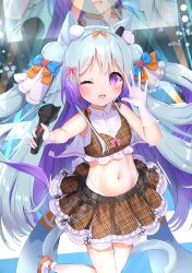 Rule 34 | 1girl, ;d, animal ear fluff, animal ears, blue hair, bow, breasts, cat ears, cat girl, cat tail, commentary request, cowboy shot, dress, glaze artifacts, gradient hair, hair bow, highres, holding, holding microphone, idol, long hair, microphone, midriff, miniskirt, multicolored hair, navel, one eye closed, open mouth, original, purple dress, purple hair, siera (sieracitrus), skirt, small breasts, smile, stomach, tail, very long hair