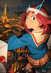 Rule 34 | 1girl, absurdres, against railing, arm rest, arson, artist name, balcony, baseball bat, black socks, blue serafuku, blue shirt, blush, brown eyes, brown footwear, brown skirt, building, burning, burning building, cityscape, cloud, cloudy sky, commentary, eiffel tower, english commentary, explosion, fire, flcl, floating hair, foreshortening, from above, from behind, from side, hair strand, hashihime, headband, highres, khyle., kneehighs, light blush, lighter, lips, loafers, long sleeves, looking at viewer, looking back, medium hair, miniskirt, night, night sky, outdoors, paris, patreon username, plaid, plaid skirt, pleated skirt, railing, red hair, rolling suitcase, sailor collar, samejima mamimi, school uniform, serafuku, shirt, shoes, short hair, skirt, sky, smoke, socks, solo, standing, sticker, stove lighter, suitcase, watermark, web address, white headband, white sailor collar, wind