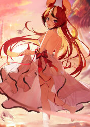Rule 34 | 1girl, :3, absurdres, alternate costume, animal ear fluff, animal ears, backless dress, backless outfit, bare shoulders, barefoot, bird, black hair, blue eyes, blurry, blurry foreground, blush, bow, breasts, bright pupils, commentary, crossed bangs, diffraction spikes, dress, evening, feet, floating hair, from behind, hair between eyes, hakos baelz, highres, hololive, hololive english, jiang ye kiri, large breasts, lens flare, long hair, looking at viewer, looking back, mouse ears, mouse girl, mouse tail, multicolored hair, o-ring, o-ring thigh strap, open mouth, outdoors, red bow, red hair, red ribbon, ribbon, seagull, sideboob, skirt hold, smile, soles, solo, standing, standing on one leg, streaked hair, tail, tail around own leg, tail wrap, thigh strap, toes, turning head, very long hair, virtual youtuber, wading, water, white dress, white hair, white pupils