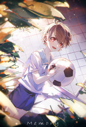 Rule 34 | 1boy, :d, aged down, ball, blue shorts, brown eyes, brown hair, fence, highres, holding, holding ball, looking at viewer, luke pearce (tears of themis), nana895, open mouth, sailor collar, shirt, short hair, short sleeves, shorts, smile, soccer ball, solo, tears of themis, white shirt
