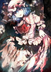 Rule 34 | 1girl, ascot, blue hair, brooch, clothes lift, glint, hair between eyes, hat, hat ribbon, highres, jewelry, lifted by self, looking at viewer, mob cap, red eyes, remilia scarlet, ribbon, sakusyo, skirt, skirt lift, skirt set, smile, solo, sparkle, standing, touhou, wrist cuffs