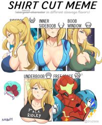 Rule 34 | 1girl, 1other, absurdres, armor, bare shoulders, black shirt, blonde hair, blue eyes, blue shirt, breasts, cleavage, cleavage cutout, clothing cutout, curly hair, english text, fangs, green shirt, grin, head out of frame, helmet, highres, inner sideboob, karbuitt, large breasts, looking at viewer, meme, metroid, metroid (creature), metroid dread, mole, mole under mouth, multiple drawing challenge, nintendo, no bra, one eye closed, parted lips, ponytail, profile, samus aran, shirt, shirt cut meme, sideboob, sidelocks, smile, solo, sweat, underboob, upper body, zero suit