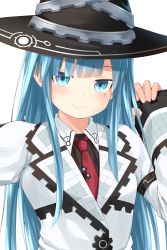 Rule 34 | 1girl, blue eyes, blue hair, blush, breasts, hair ornament, hat, highres, long hair, looking at viewer, mages., mole, mole under eye, neptune (series), oekakizuki, small breasts, smile, solo, upper body