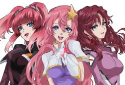 Rule 34 | 3girls, agnes giebenrath, blue eyes, breasts, flay allster, gloves, gundam, gundam seed, gundam seed destiny, gundam seed freedom, hair ornament, kitsuyuu26, kuwashima houko, large breasts, lipstick, long hair, looking at viewer, makeup, meer campbell, military, military uniform, multiple girls, open mouth, pink hair, red hair, smile, star (symbol), star hair ornament, twintails, uniform, upper body, voice actor connection