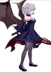 Rule 34 | 1girl, alternate costume, backless dress, backless outfit, bare shoulders, bat wings, black pantyhose, blue dress, blue footwear, blue gloves, blush, breasts, closed mouth, dress, elbow gloves, expressionless, fkey, from side, full body, gloves, light purple hair, mary janes, no headwear, pantyhose, profile, red eyes, remilia scarlet, shoes, short hair, simple background, solo, spear the gungnir, standing, strapless, strapless dress, touhou, white background, wings