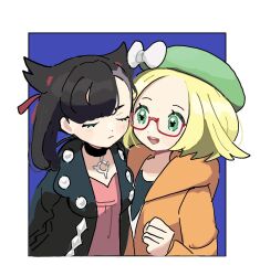 Rule 34 | 2girls, :d, asymmetrical bangs, bianca (pokemon), black choker, black hair, black jacket, blonde hair, border, choker, closed eyes, closed mouth, creatures (company), dress, eneko (olavcnkrpucl16a), game freak, glasses, green eyes, green hat, hat, highres, jacket, looking at another, marnie (pokemon), multiple girls, nintendo, open clothes, open jacket, open mouth, orange jacket, pink dress, pokemon, pokemon bw2, pokemon swsh, red-framed eyewear, shirt, smile, teeth, upper body, upper teeth only, white border