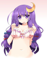 Rule 34 | 1girl, bare shoulders, blush, bow, bra, breasts, cleavage, crescent, crescent hair ornament, hair bow, hair ornament, highres, large breasts, long hair, looking at viewer, navel, open mouth, patchouli knowledge, purple eyes, purple hair, shirogane (platinum), simple background, solo, touhou, underwear