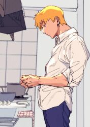 Rule 34 | 1boy, blonde hair, blue pants, bowl, collared shirt, indoors, kitchen, long sleeves, male focus, mob psycho 100, own hands together, pants, profile, reigen arataka, shirt, short hair, siotomato, sleeves rolled up, solo, stove, towel, white shirt