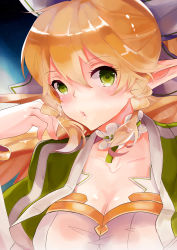 Rule 34 | 10s, 1girl, absurdres, blonde hair, blush, breasts, cleavage, green eyes, hair ribbon, hand on own face, highres, kagura kurosaki, large breasts, leafa, looking at viewer, ribbon, solo, sword art online