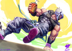 Rule 34 | 1boy, artist name, bara, biceps, bracelet, cloud, cup, dai-xt, day, disposable cup, gauntlets, helmet, highres, jacket, jewelry, logo, looking to the side, male focus, manly, muscular, muscular male, original, pants, parkour, pectorals, shoes, solo, thick arms, white hair