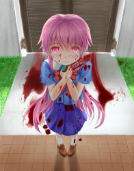 Rule 34 | 1girl, bad id, bad pixiv id, blood, blood on face, blue skirt, blush, bow, bowtie, cellphone, chocolate, gasai yuno, grass, highres, meson, mirai nikki, phone, pink hair, red eyes, red ribbon, ribbon, skirt, smile, solo, sword, tiles, weapon, white legwear, white wall, wooden door, yandere, you gonna get raped