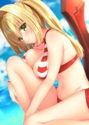 Rule 34 | 1girl, absurdres, aestus estus, bad id, bad pixiv id, bikini, blonde hair, blue sky, breast press, breasts, closed mouth, cloud, day, earrings, fate/grand order, fate (series), green eyes, hair intakes, highres, jewelry, large breasts, long hair, looking at viewer, navel, navy (navy.blue), nero claudius (fate), nero claudius (fate) (all), nero claudius (swimsuit caster) (fate), sitting, sky, smile, solo, striped bikini, striped clothes, swimsuit, sword, twintails, weapon