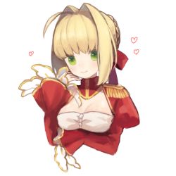 Rule 34 | 10s, 1girl, ahoge, blush, braid, closed mouth, cropped torso, epaulettes, fate/extra, fate (series), french braid, hair intakes, hair ribbon, hand up, heart, juliet sleeves, long sleeves, looking at viewer, munuko, nero claudius (fate), nero claudius (fate) (all), nero claudius (fate/extra), puffy sleeves, red ribbon, ribbon, sidelocks, simple background, smile, solo, upper body, white background