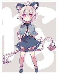 Rule 34 | 1girl, ahoge, animal, animal ears, black dress, black footwear, blue capelet, blush, border, capelet, closed mouth, dowsing rod, dress, full body, fuukadia (narcolepsy), grey hair, hair between eyes, highres, jewelry, long sleeves, looking at viewer, mouse (animal), mouse ears, mouse tail, nazrin, pendant, red eyes, shoes, short hair, socks, solo, straight-on, tail, touhou, white border, white socks