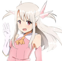 Rule 34 | 1girl, :d, child, detached sleeves, elel185, fate/kaleid liner prisma illya, fate (series), female focus, gloves, illyasviel von einzbern, long hair, magical girl, middle w, open mouth, prisma illya, red eyes, silver hair, simple background, smile, solo, w, white background, white gloves