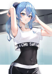 Rule 34 | 1girl, absurdres, arm up, armpits, arms up, black shorts, blue eyes, blue hair, character name, covered navel, crop top, highres, hololive, hololive dance practice uniform, hoshimachi suisei, leotard, leotard under clothes, long hair, looking at viewer, official alternate costume, parted lips, ponytail, shafpng, shirt, shorts, star (symbol), star in eye, sweat, symbol in eye, virtual youtuber, white shirt