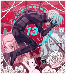 Rule 34 | 1boy, android, bear hair ornament, black pants, black sweater, blush, border, bullet, chain, cheer (cheerpuppy14), commentary, danganronpa: trigger happy havoc, danganronpa (series), danganronpa v3: killing harmony, english commentary, english text, enoshima junko, flower, from side, glasses, grey hair, hair ornament, hand on own head, highres, iei, k1-b0, long hair, looking at viewer, monokuma, one eye closed, pants, parted lips, red background, shirogane tsumugi, shoes, smile, solo focus, spoilers, sweater, teeth, twintails, white border