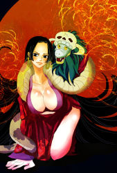 Rule 34 | 1girl, alternate costume, amazon lily, amazon warrior, black hair, boa hancock, breasts, cleavage, earrings, jewelry, large breasts, long hair, one piece, salome (one piece), side slit, snake