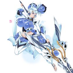 Rule 34 | 1girl, bea (bropmlk), breasts, eyepatch, highres, huge breasts, lance, open mouth, polearm, praxis (xenoblade), purple eyes, sandals, simple background, smile, solo, weapon, white background, white hair, xenoblade chronicles (series), xenoblade chronicles 2