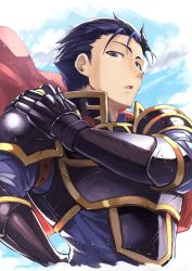 Rule 34 | 1boy, armor, axe, blue eyes, blue hair, cape, fire emblem, fire emblem: the blazing blade, fire emblem heroes, gloves, hector (fire emblem), highres, looking at viewer, male focus, nakabayashi zun, nintendo, short hair, simple background, solo, weapon