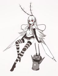 Rule 34 | 1girl, alternate eye color, antennae, arthropod girl, bare shoulders, black gloves, black neckerchief, bug, closed mouth, colored skin, commentary request, dark persona, elbow gloves, full body, gloves, grey background, hair between eyes, harau, headphones, highres, insect, insect wings, jitome, kantai collection, long hair, long legs, looking at viewer, microskirt, midriff, mosquito, mosquito girl, navel, neckerchief, no shoes, pleated skirt, red eyes, red sailor collar, rensouhou-chan, sailor collar, school uniform, serafuku, shimakaze (kancolle), shirt, simple background, skirt, striped clothes, striped thighhighs, thighhighs, white hair, white shirt, white skin, wings