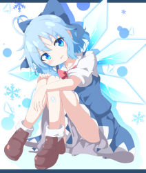 Rule 34 | 1girl, absurdres, ahoge, blue bow, blue eyes, blue hair, bow, bowtie, brown footwear, cirno, commentary request, do (4-rt), eyes visible through hair, full body, hair bow, head tilt, highres, ice, ice wings, large bow, looking away, puffy short sleeves, puffy sleeves, red bow, red bowtie, shoes, short hair, short sleeves, simple background, sitting, solo, touhou, wings