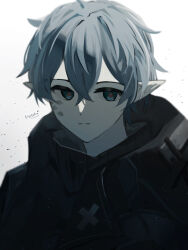Rule 34 | 1boy, absurdres, arknights, black jacket, blue eyes, closed mouth, faust (arknights), gradient background, grey background, grey hair, hair between eyes, highres, jacket, male focus, motoha, pointy ears, signature, solo, upper body, white background