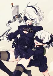 Rule 34 | 1boy, 1girl, 2b (nier:automata), 9s (nier:automata), black blindfold, black hairband, black thighhighs, blindfold, boots, breasts, cleavage, cleavage cutout, clinging, clothing cutout, covered eyes, hairband, holding, holding sword, holding weapon, hug, hug from behind, malt 40, mole, mole under mouth, nier:automata, nier (series), pod (nier:automata), short hair, small breasts, sword, thighhighs, weapon, white hair
