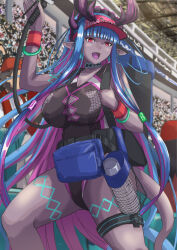 Rule 34 | 1girl, backpack, bag, bare shoulders, beer tap, black one-piece swimsuit, blue hair, blush, body markings, bracelet, breasts, cleavage, collarbone, colored skin, covered navel, cup, fate/grand order, fate (series), grey skin, highleg, highleg swimsuit, highres, horns, hose, ibuki douji (fate), ibuki douji (swimsuit berserker) (fate), ibuki douji (swimsuit berserker) (first ascension) (fate), jewelry, ksfactory, large breasts, long hair, looking at viewer, multicolored hair, nail polish, one-piece swimsuit, oni, oni horns, open mouth, pink hair, pink headwear, pink one-piece swimsuit, pointy ears, ponytail, pouch, red eyes, sidelocks, smile, solo focus, stadium, swimsuit, tail, thigh strap, thighs, two-tone swimsuit, visor cap, wristband