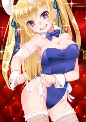 Rule 34 | 1girl, animal ears, armband, blonde hair, blue bow, blue bowtie, blue ribbon, bow, bowtie, breasts, cleavage, cowboy shot, detached collar, fake animal ears, fishnet thighhighs, fishnets, garter straps, hair ribbon, highres, leotard, long hair, medium breasts, open mouth, original, playboy bunny, purple eyes, rabbit ears, rabbit tail, ribbon, rin2008, solo, tail, thighhighs, twintails, wrist cuffs