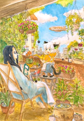 Rule 34 | 2boys, aircraft, animal ears, apron, black hair, blue sky, book, cat boy, cat ears, cat tail, chair, city, cloud, cloudy sky, day, dirigible, hanging plant, highres, holding, holding book, long hair, luo xiaohei, luo xiaohei (human), luo xiaohei zhanji, multiple boys, orange shirt, plant, pointy ears, potted plant, profile, shadow, shirt, short hair, short sleeves, sitting, sky, tail, user ccxf3744, white apron, white hair, wide shot, window, wuxian (the legend of luoxiaohei)