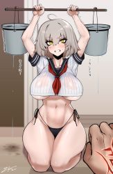 Rule 34 | 1boy, 1girl, ahoge, alternate costume, anger vein, arms up, bikini, bikini bottom only, black bikini, blush, breasts, bucket, bucket of water, clenched hand, clenched teeth, collarbone, command spell, commentary request, curvy, eyelashes, fate/grand order, fate (series), hair between eyes, highleg, highleg bikini, indoors, j.k., jeanne d&#039;arc (fate), jeanne d&#039;arc alter (avenger) (fate), jeanne d&#039;arc alter (fate), large breasts, looking at viewer, mop, navel, out of frame, see-through, seiza, short hair, side-tie bikini bottom, signature, silver hair, sitting, stomach, swimsuit, teeth, thick thighs, thighs, translation request, tsurime, underboob, undersized clothes, wet, wet clothes, yellow eyes