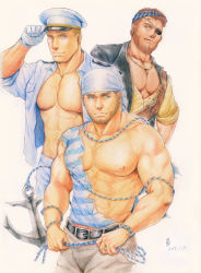 Rule 34 | 3boys, abs, adjusting clothes, adjusting headwear, anchor, bad id, bad pixiv id, bara, bare pectorals, beard, belt, black belt, blue eyes, brown hair, chain, chest hair, cropped legs, dark-skinned male, dark skin, eyepatch, facial hair, frown, graphite (medium), grey shirt, hat, highres, jewelry, large pectorals, looking at viewer, male focus, mature male, multiple boys, muscular, muscular male, navel, necklace, nipples, open clothes, open shirt, original, pectoral cleavage, pectorals, pirate, sailor, sailor collar, sailor hat, sailor shirt, saolin (wudangx), shirt, short hair, stomach, striped clothes, striped shirt, thick eyebrows, torn clothes, torn shirt, traditional media